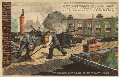 603217 Afbeelding van het vervangen van een oude houtcement dakbedekking door een cement mastiekbedekking, een product ...